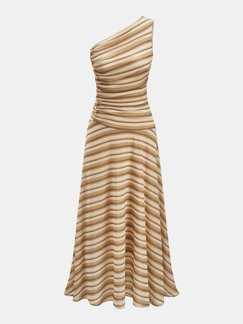 One Shoulder Ruched Striped Maxi Dress