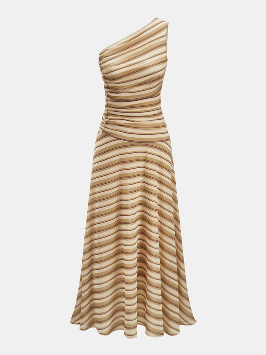One Shoulder Ruched Striped Maxi Dress