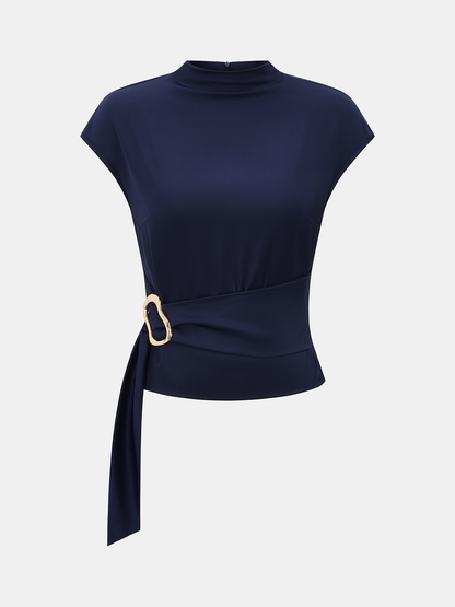 Metal Buckle Cap Sleeve Satin Top
