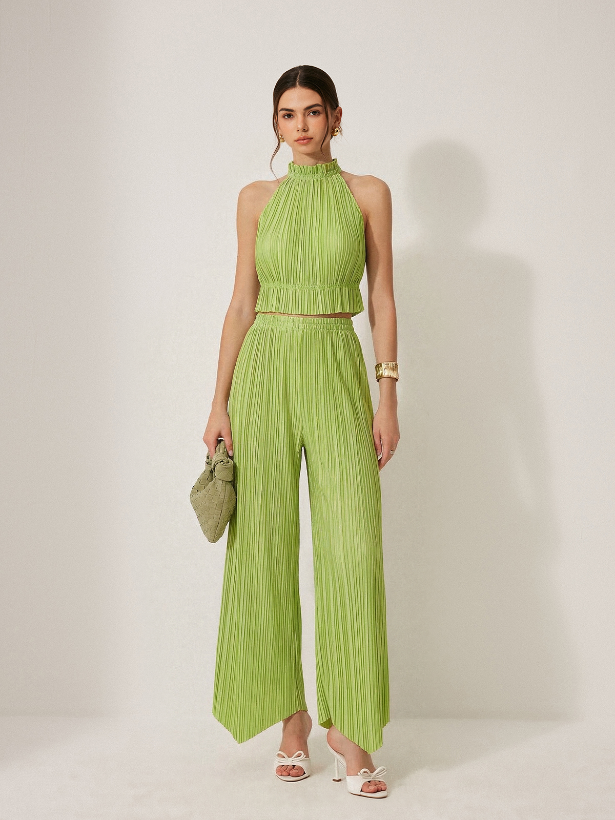 Pleated Halter Crop Top & Pants Set