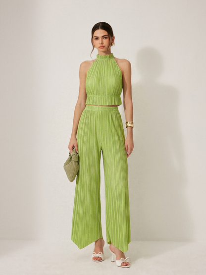 Pleated Halter Crop Top & Pants Set