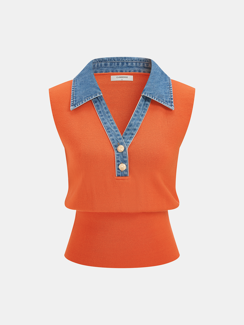 Denim Collar Metal Button Sleeveless Knit Vest