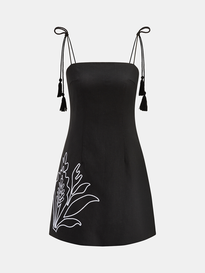 Tassel Tie Embroidered Linen Blend Mini Dress
