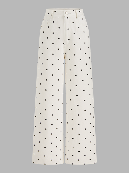 Polka Dot Denim Wide Leg Jeans