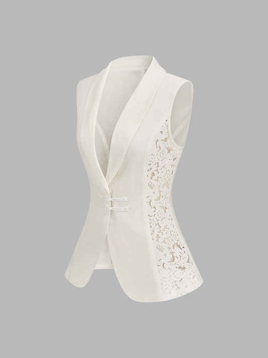 Lace Panel Frog Button Linen Blend Blazer Vest