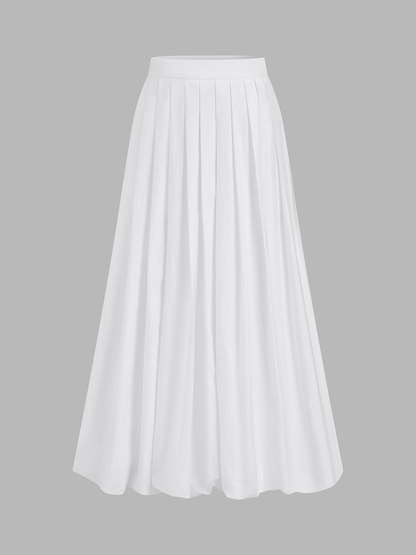 Pleated Cotton Mid-Waist Midi Skirt