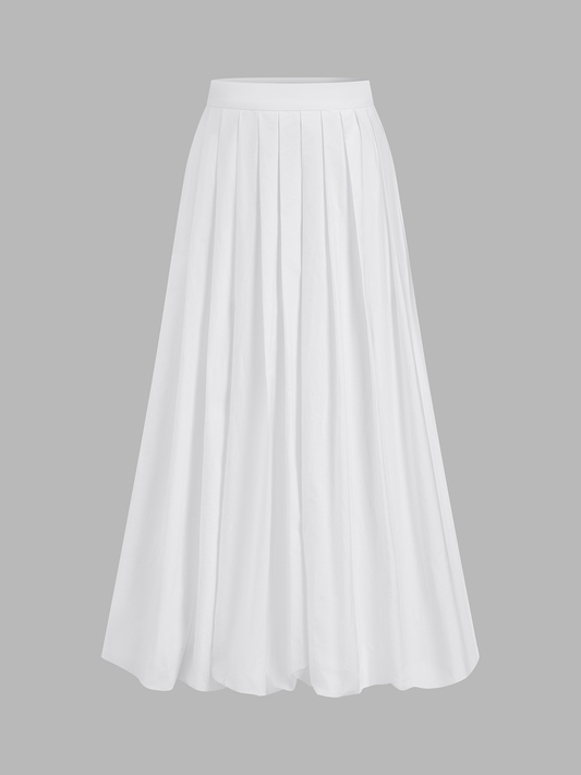 Pleated Cotton Mid-Waist Midi Skirt