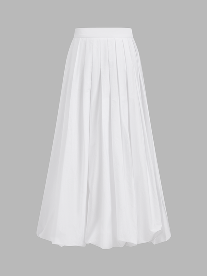 Pleated Cotton Mid-Waist Midi Skirt