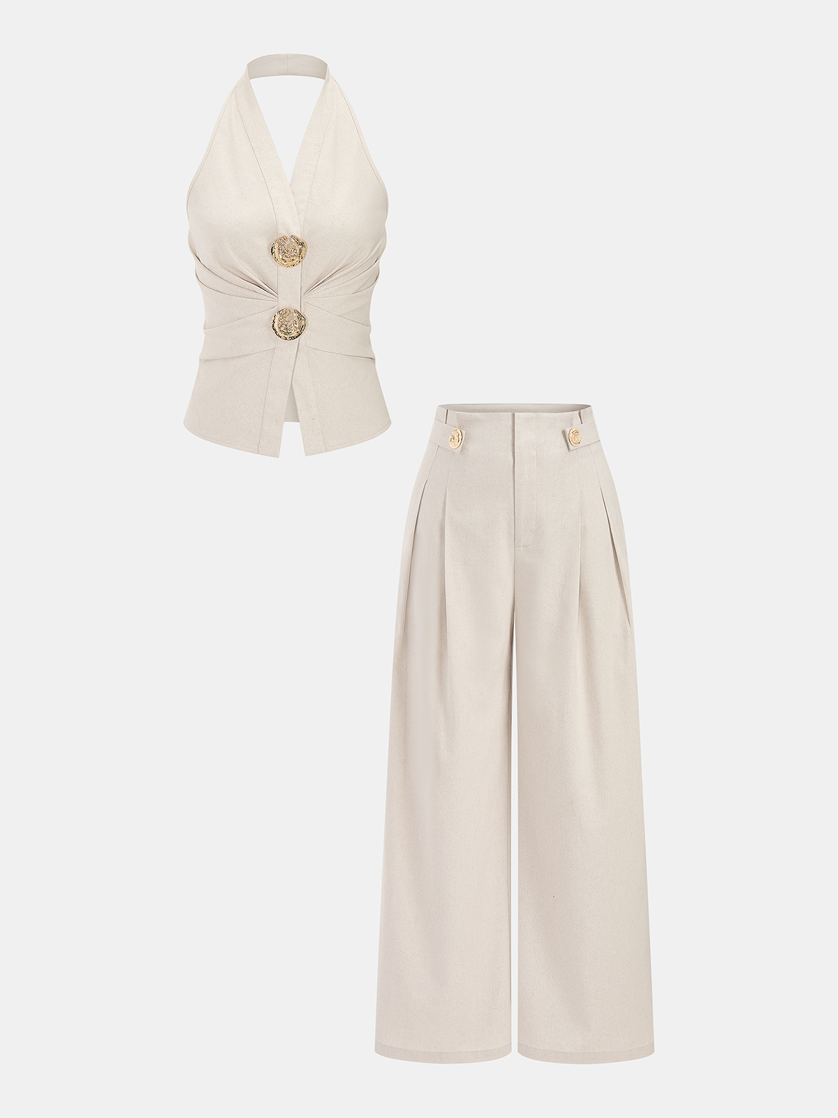 Linen Blend Halter Ruched Top & Pants Set