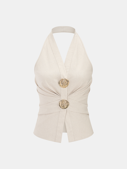 Linen Blend Halter Ruched Top & Pants Set