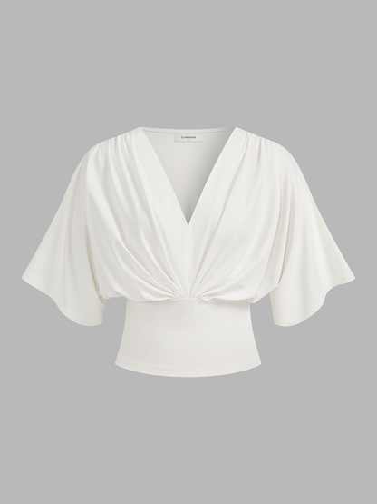 V-Neck Twist Front Batwing Sleeve Fitted Top