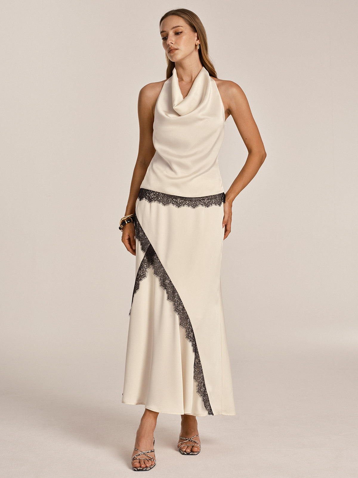 Lace Trim Satin Cowl Neck Top & Mermaid Skirt Set