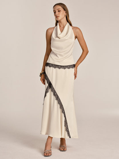Lace Trim Satin Cowl Neck Top & Mermaid Skirt Set