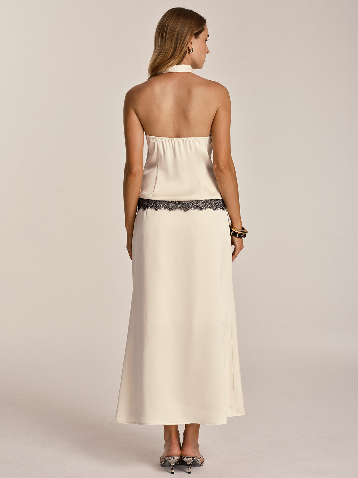 Lace Trim Satin Cowl Neck Top & Mermaid Skirt Set