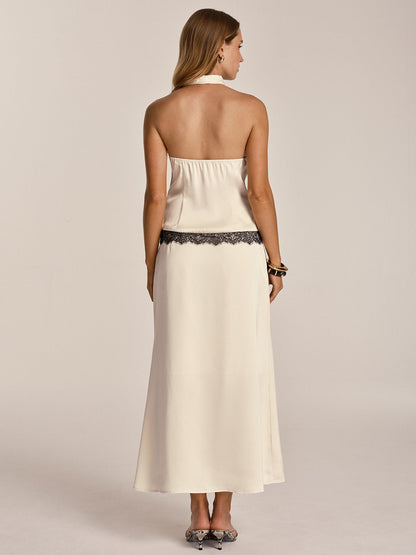 Lace Trim Satin Cowl Neck Top & Mermaid Skirt Set