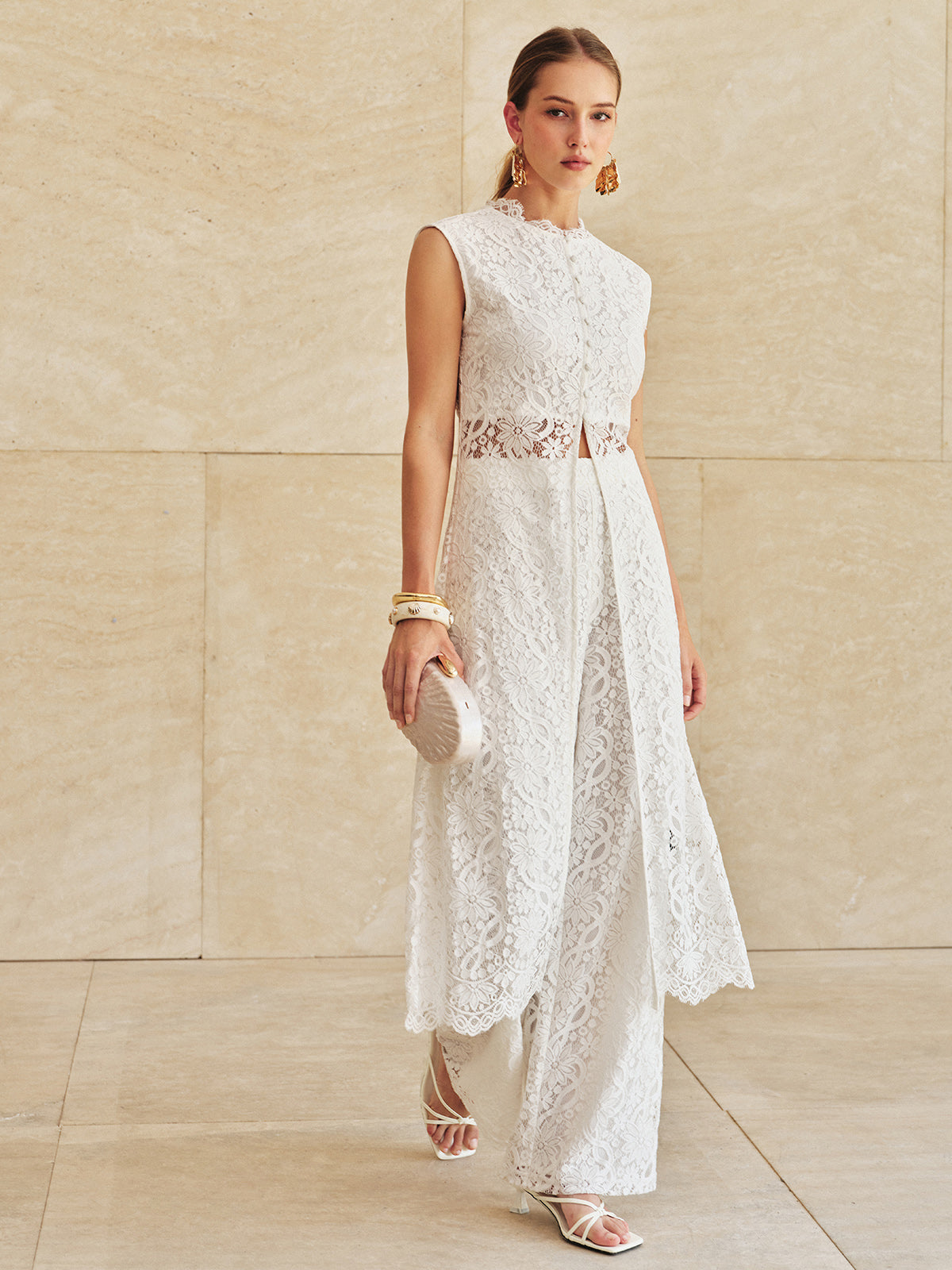 Lace Mid-Waist Wide-Leg Pants