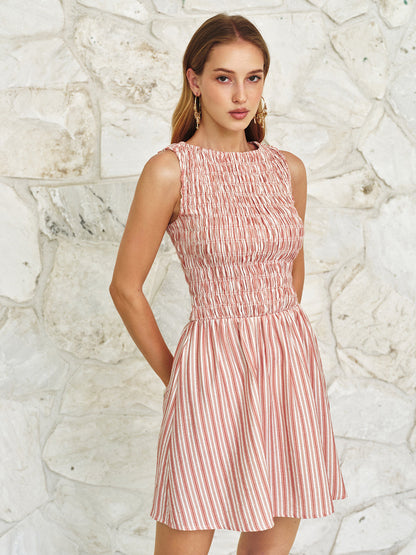 Smocked Striped Linen Blend Sleeveless Mini Dress
