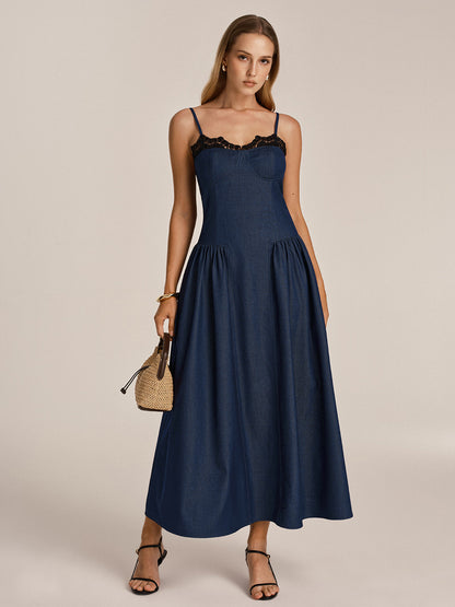 Lace Trim Faux Denim Cami Maxi Dress
