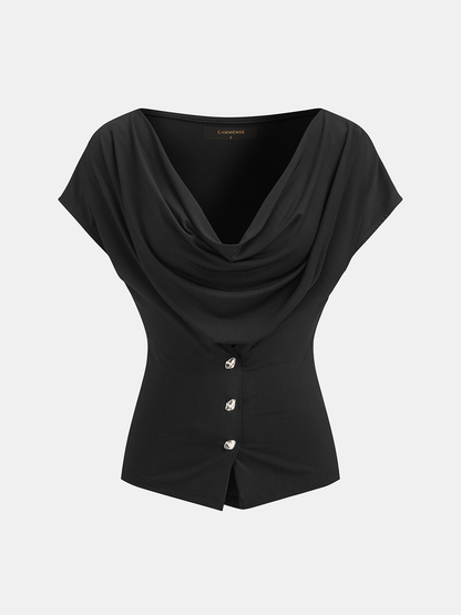 Cowl Neck Fitted Buttoned Blouse