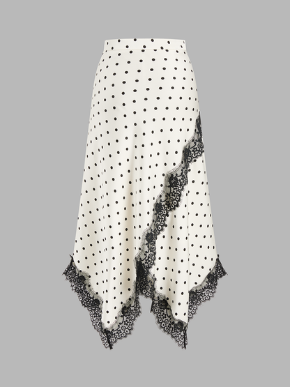 Polka Dot Lace Trim Asymmetric Midi Skirt