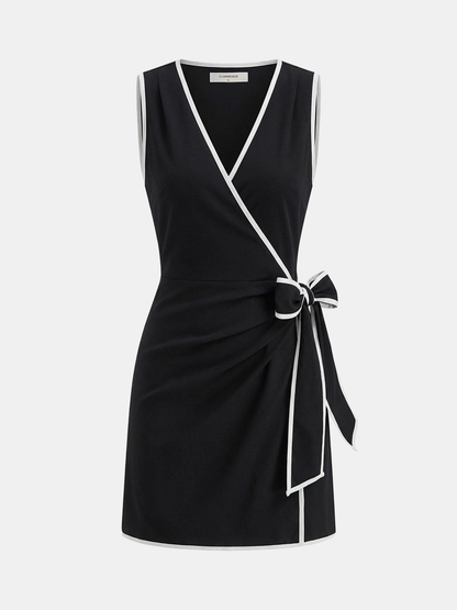 Linen-Blend Contrast Trim Wrap Dress