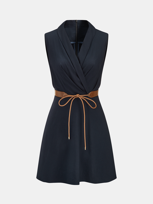 Belted Wrap Linen Blend Sleeveless Mini Dress