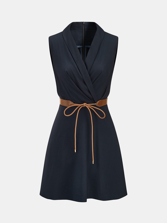 Belted Wrap Linen Blend Sleeveless Mini Dress