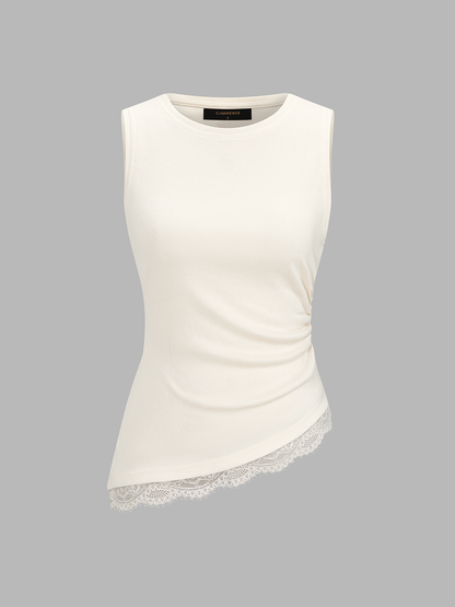 Ruched Asymmetric Lace Trim Tank Top