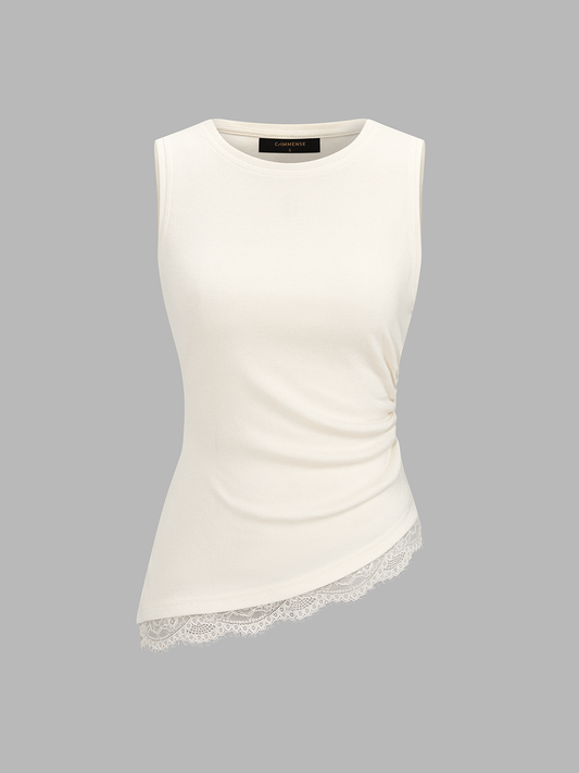 Ruched Asymmetric Lace Trim Tank Top