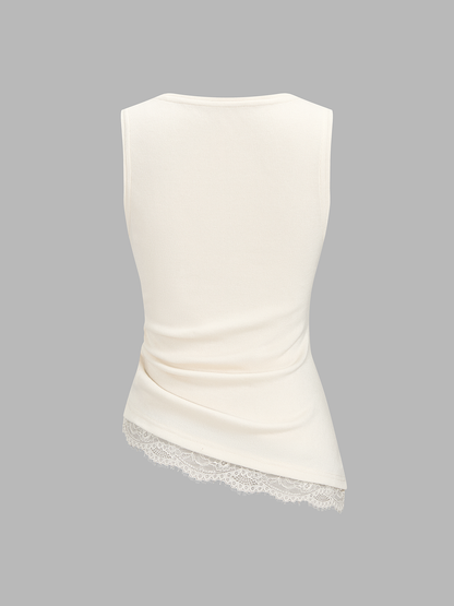 Ruched Asymmetric Lace Trim Tank Top