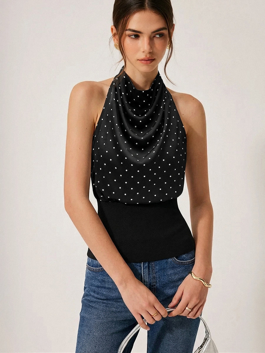 Polka Dot Cowl Neck Halter Tank Top