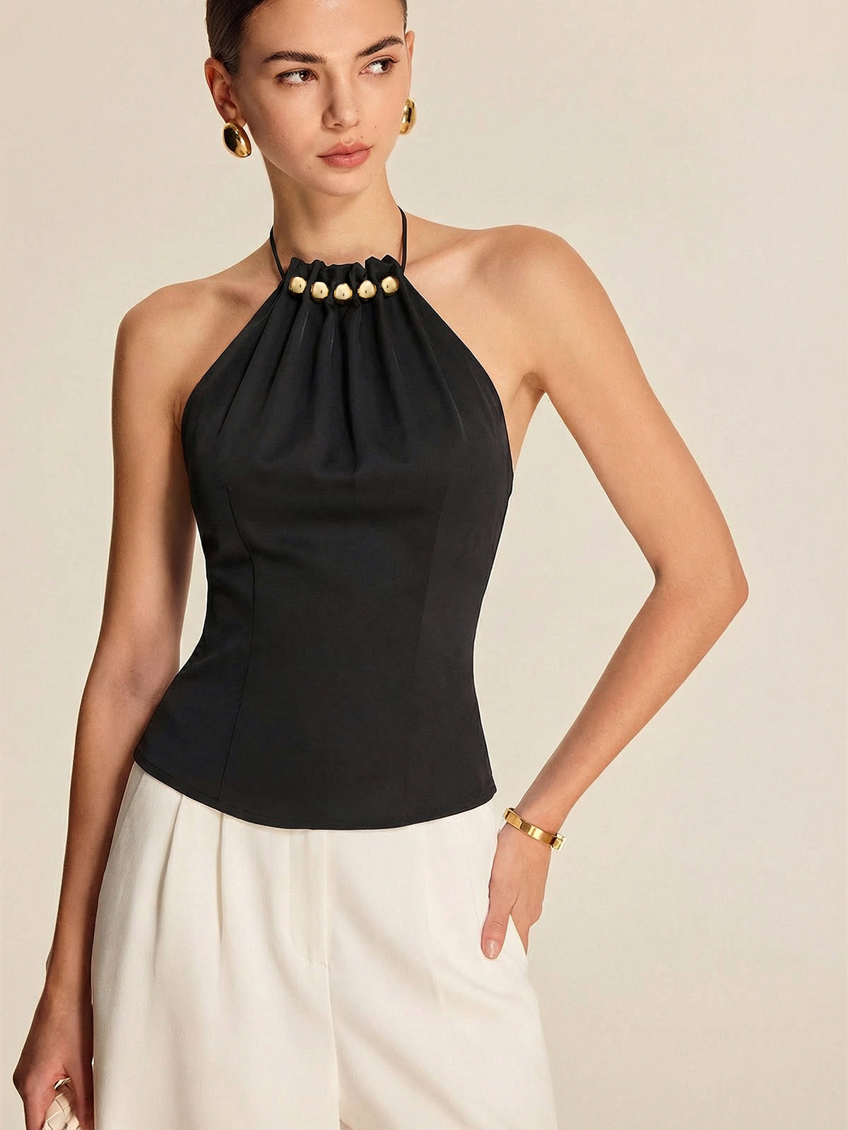 Metal Embellished Halter Tank Top