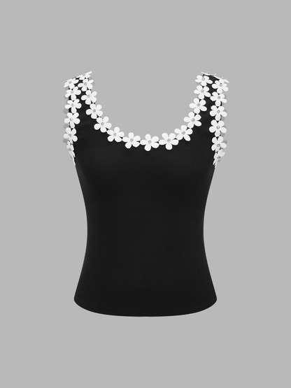 Floral Trim Ribbed Cami Top