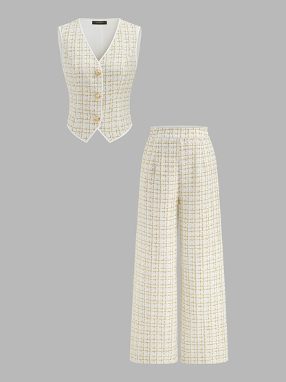 Checked Tweed Vest & Wide-Leg Pants Set