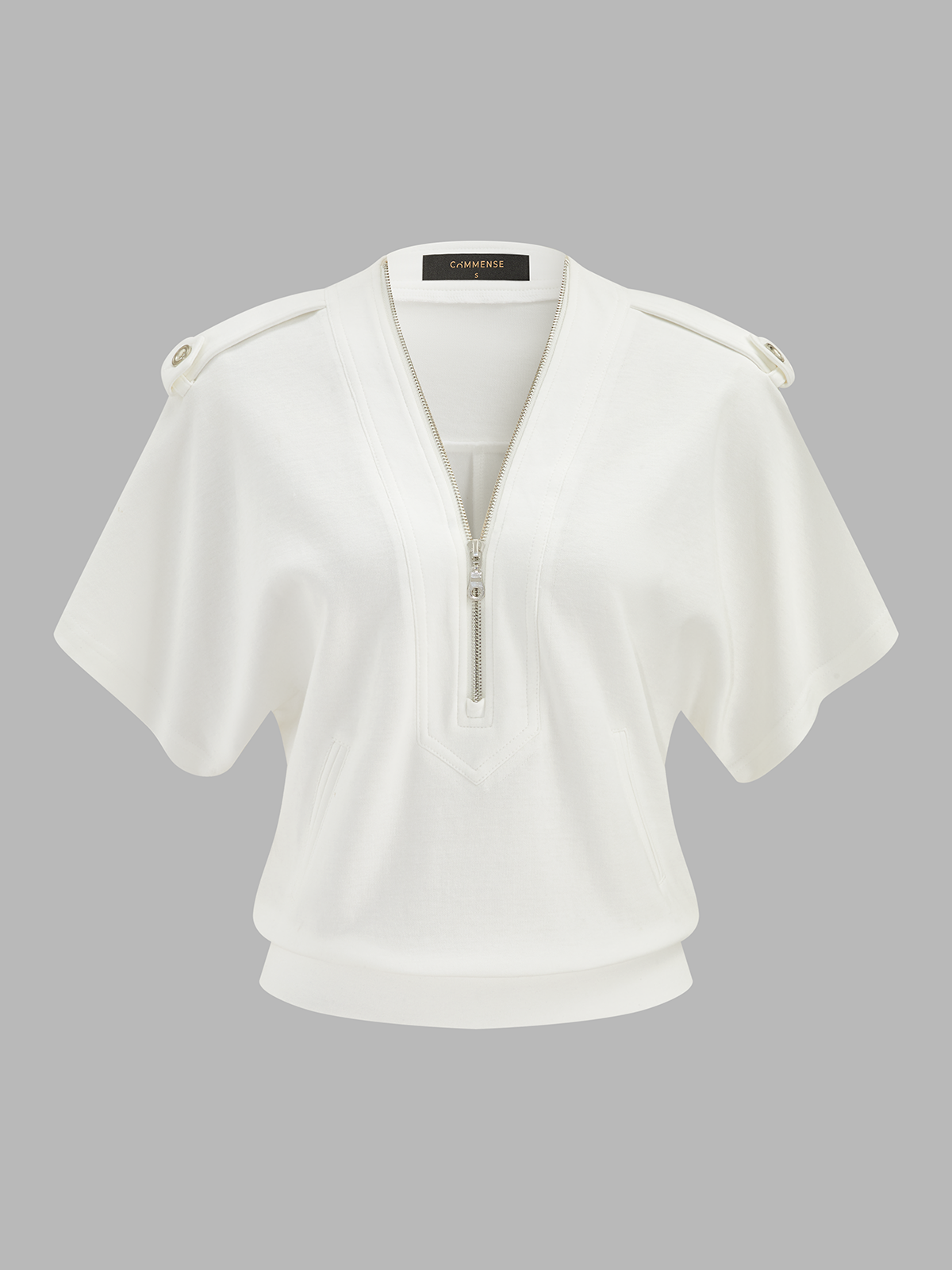 Epaulet Detail Half-Zip Short Sleeve Sweatshirt