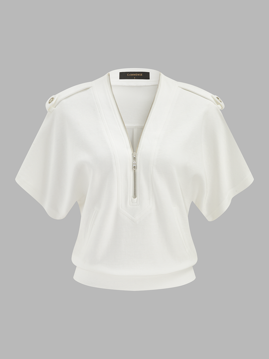Epaulet Detail Half-Zip Short Sleeve Sweatshirt