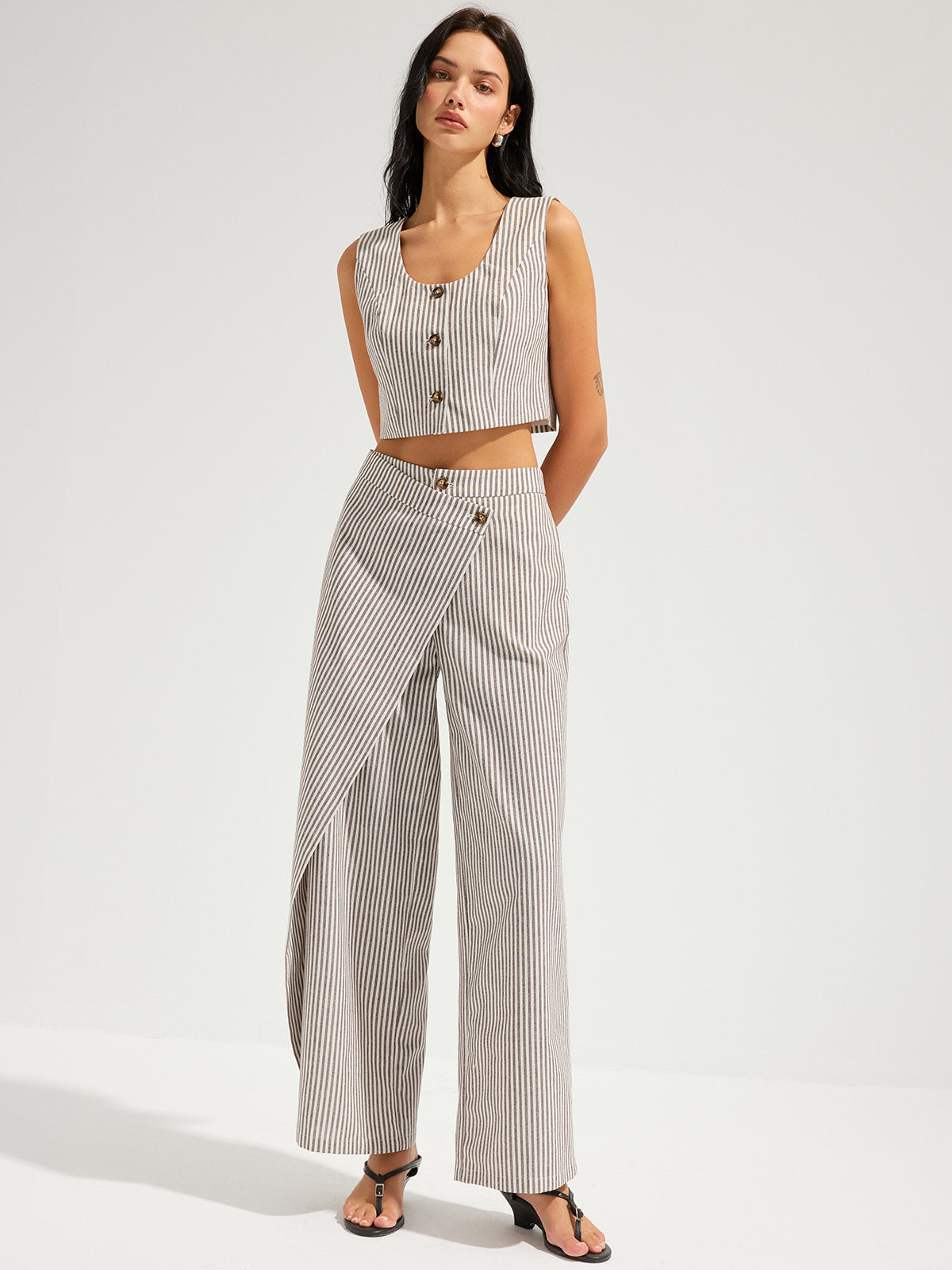 Striped Cotton Linen Vest & Asymmetrical Pants Set