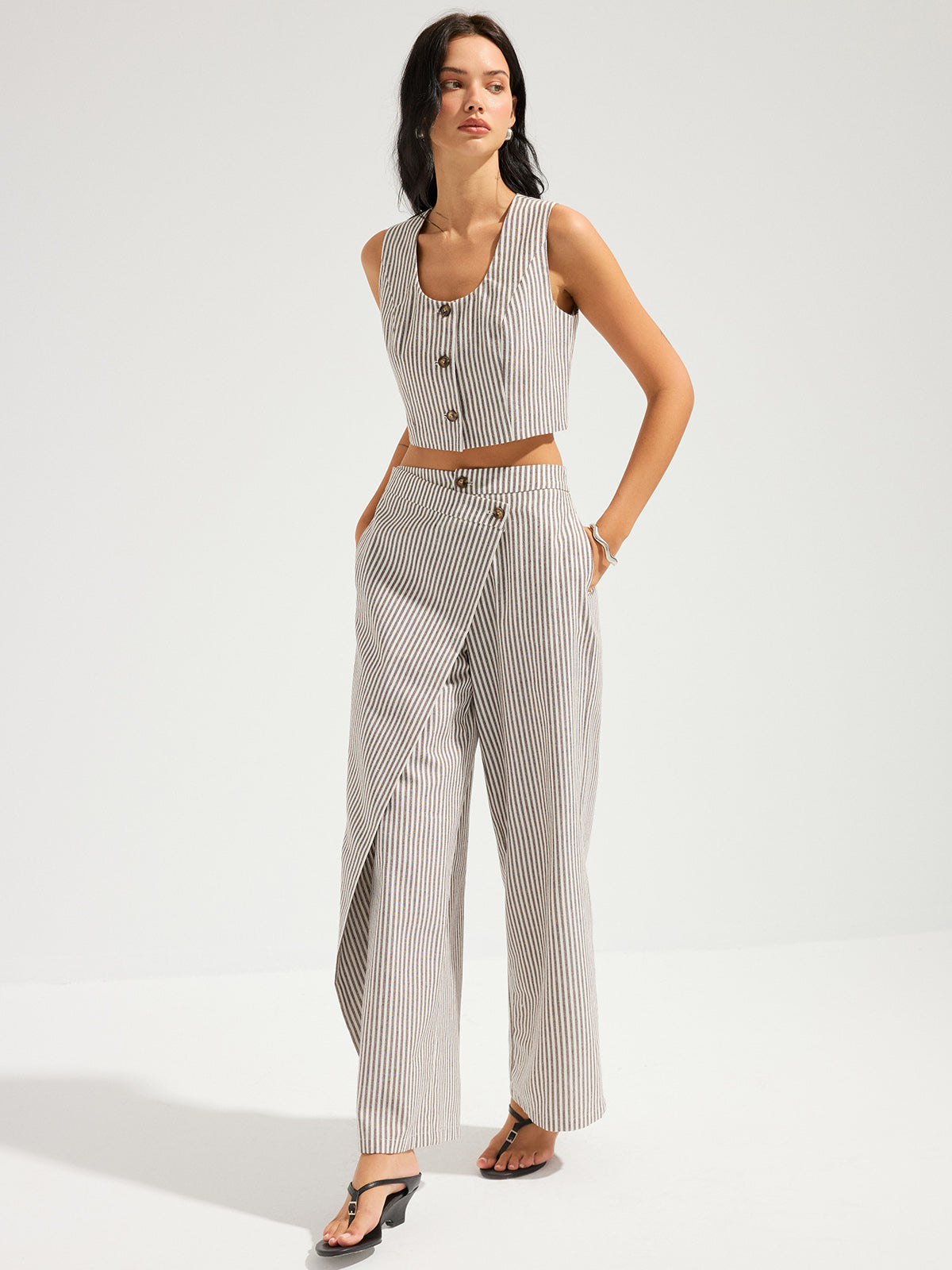 Striped Cotton Linen Vest & Asymmetrical Pants Set