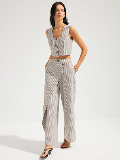 Striped Cotton Linen Vest & Asymmetrical Pants Set