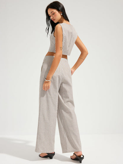 Striped Cotton Linen Vest & Asymmetrical Pants Set
