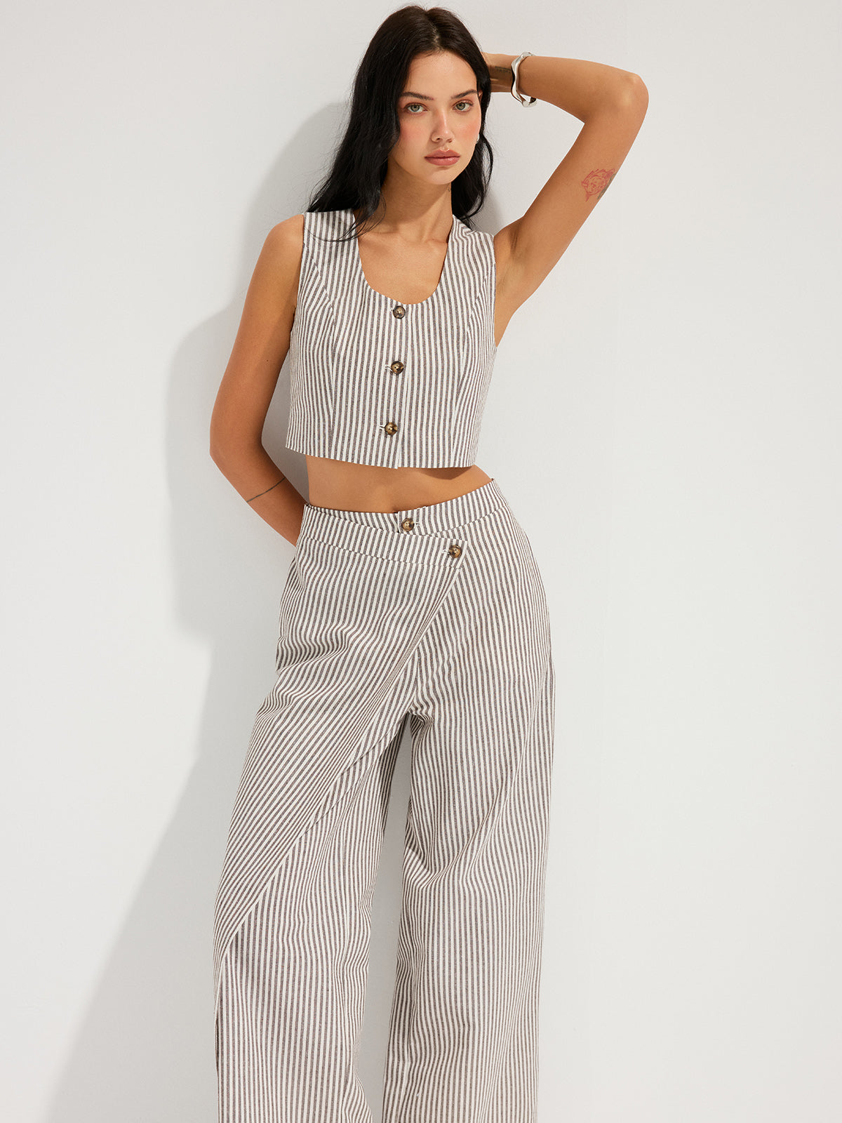 Striped Cotton Linen Vest & Asymmetrical Pants Set