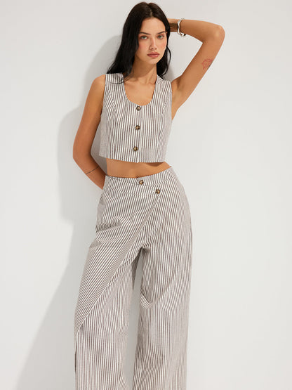 Striped Cotton Linen Vest & Asymmetrical Pants Set