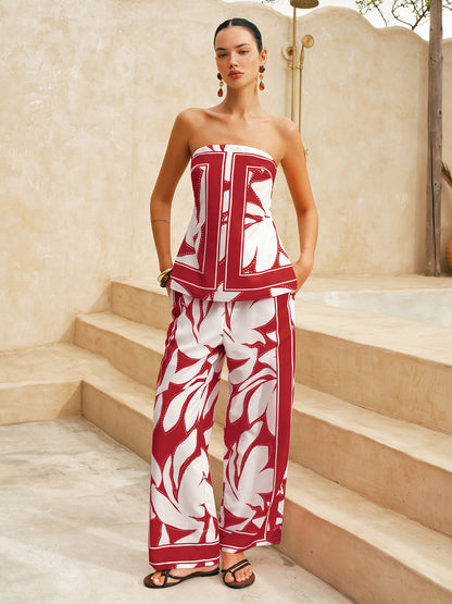 Abstract Print Strapless Top & Pants Set