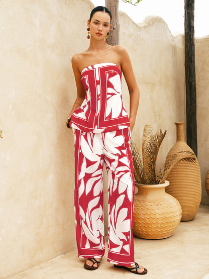 Abstract Print Strapless Top & Pants Set