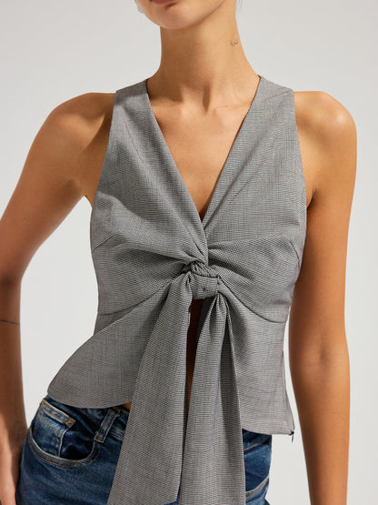 Houndstooth Sleeveless Knot-Front Top