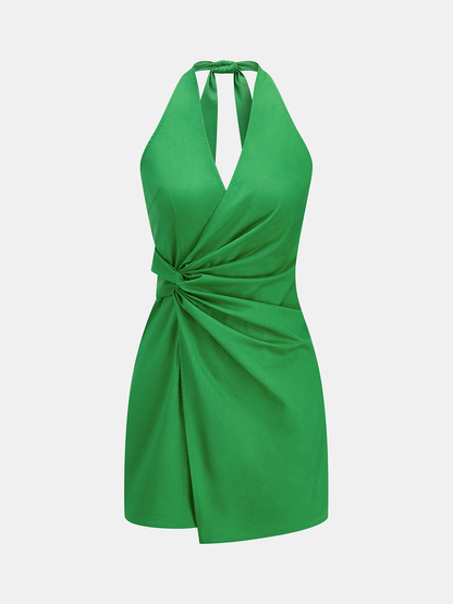 Twisted Halter Cotton Linen Mini Dress