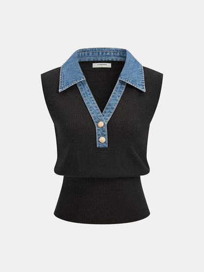 Denim Collar Metal Button Sleeveless Knit Vest