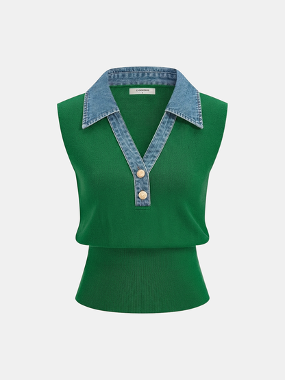 Denim Collar Metal Button Sleeveless Knit Vest