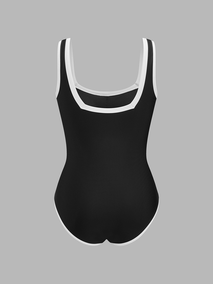 Contrast Trim One Piece Swimsuit & Skirt Set