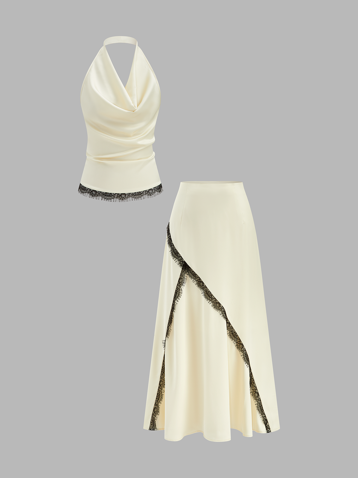 Lace Trim Satin Cowl Neck Top & Mermaid Skirt Set